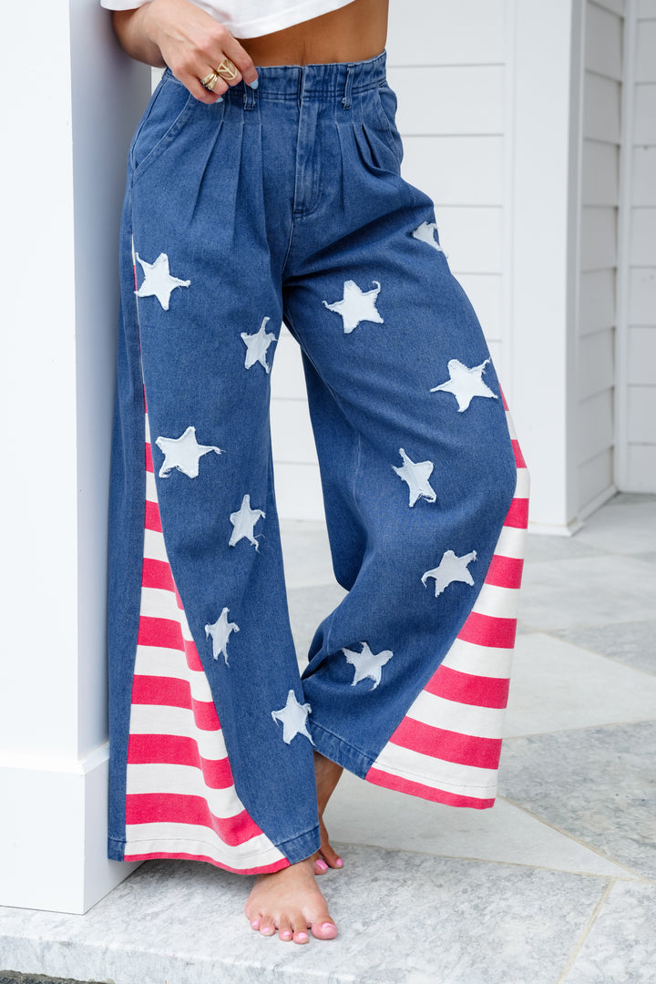Vintage Wash Denim American Flag Patch Pants