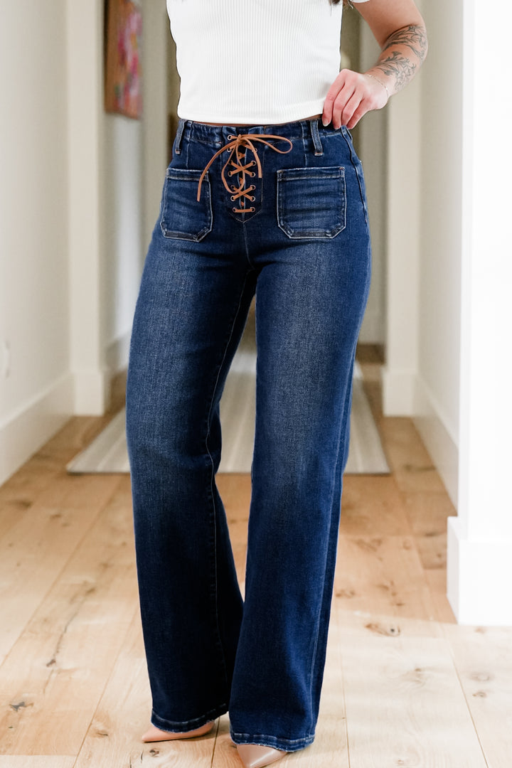 Risen High Rise Dark Wash Wide Leg Jeans with Front Tie
