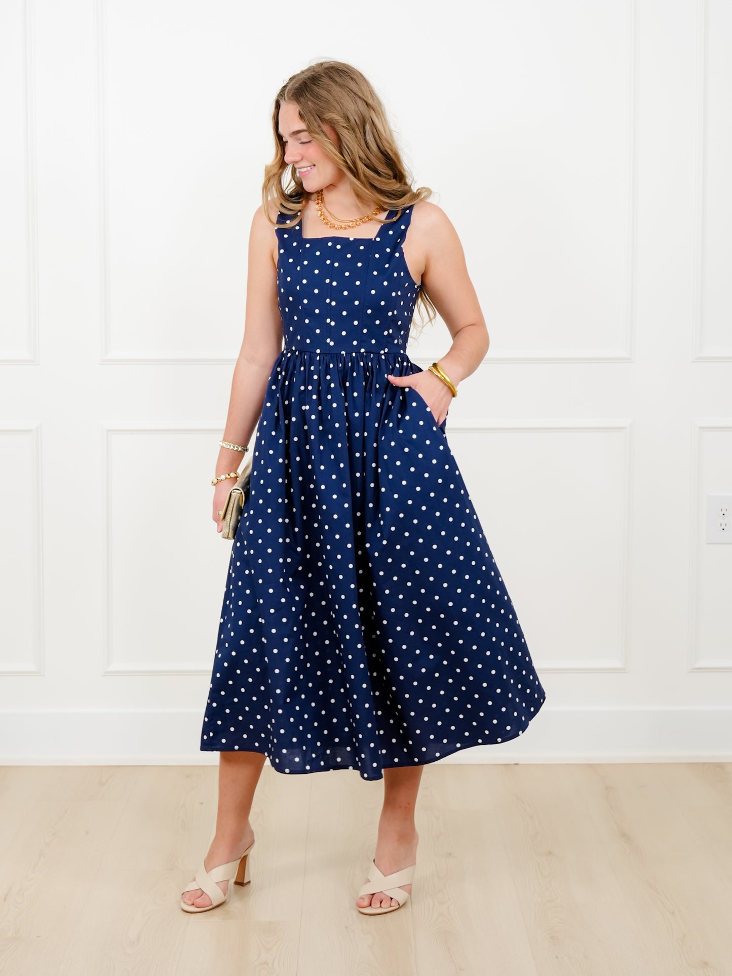 Polka Dot Sleeveless Square Neck Midi Dress