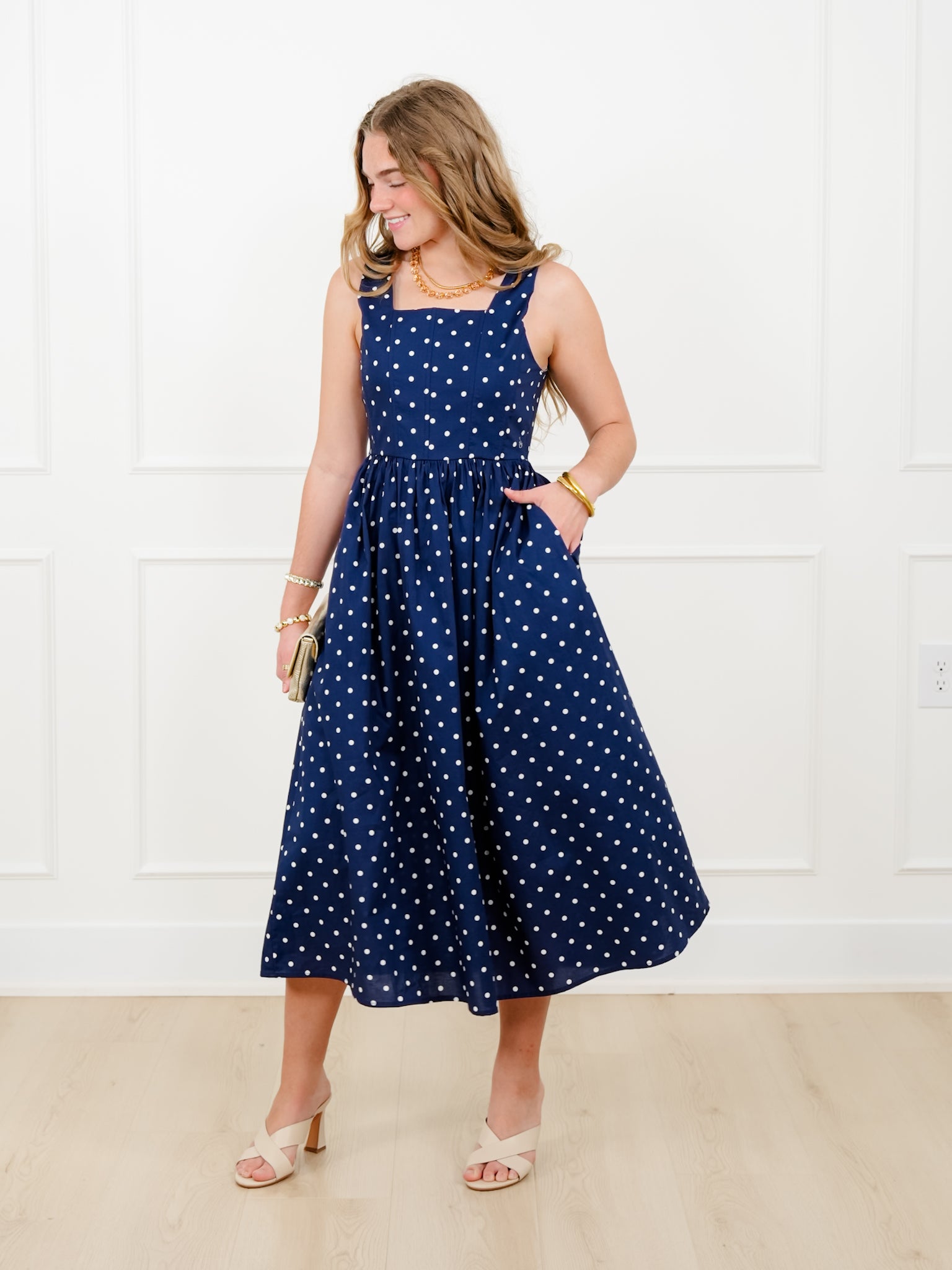 Polka Dot Sleeveless Square Neck Midi Dress