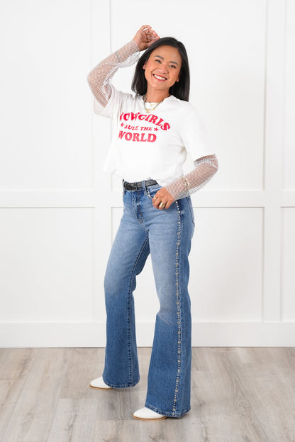 Long Sleeve "Cowgirls Rule The World" Graphic Cropped Tee Shirt with Rhine Stone Detail