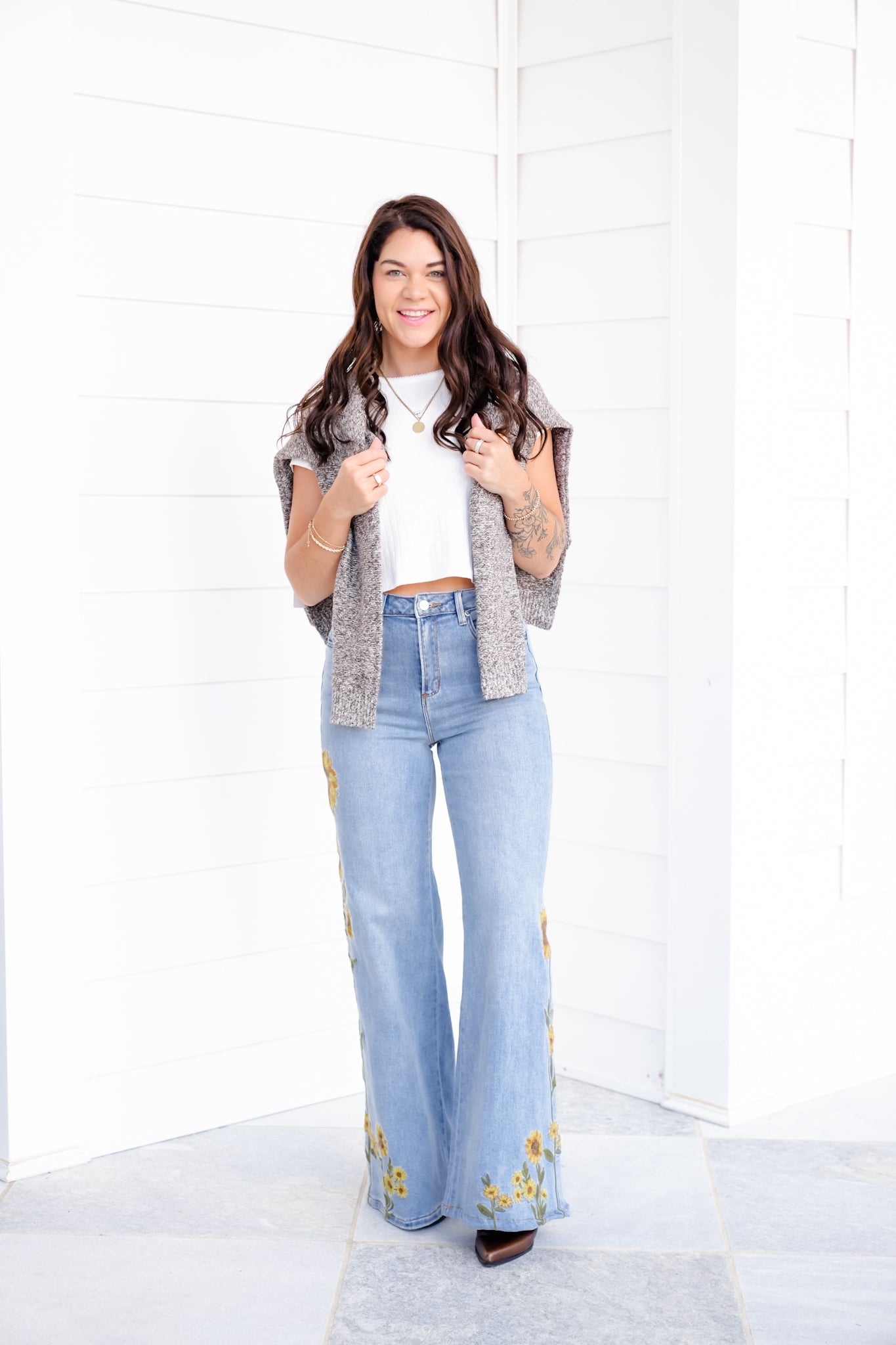 Light Wash Embroidered Sunflower Denim Jeans