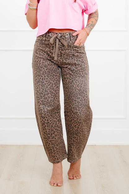 Risen Leopard Slouchy Drawstring Waistband Barrel Jeans
