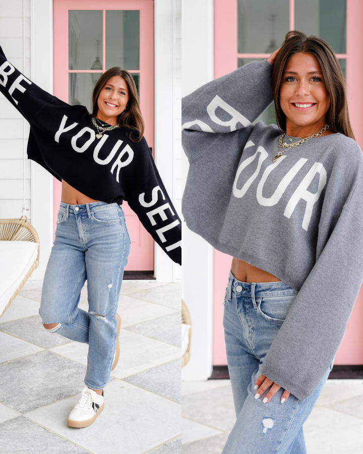 Plus/Reg Long Sleeve "Be Your Self" Cropped Sweater