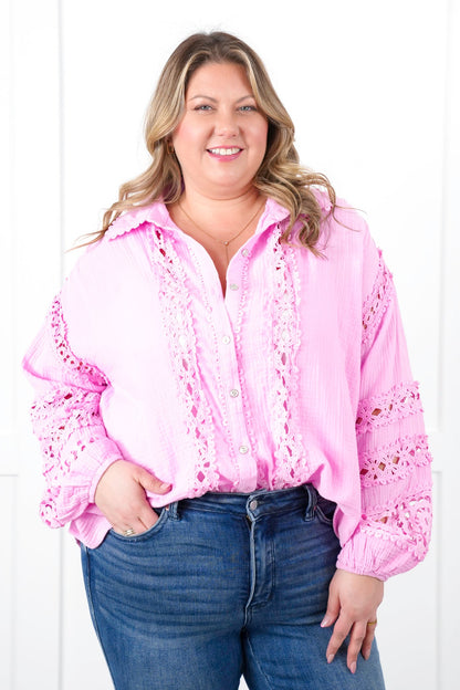 Restock! POL Gauze Long Sleeve Button Down Top with Lace Detail
