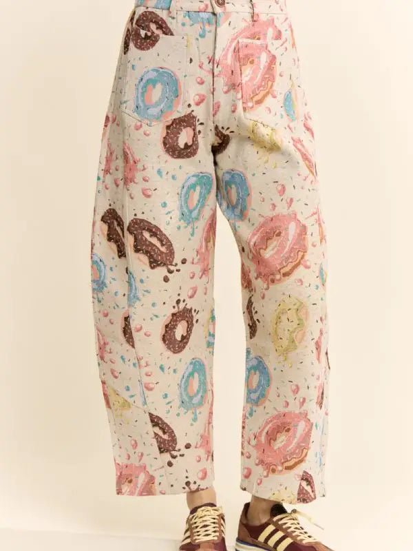 Plus/Reg Donut Print Tapestry Barrel Leg Pants - Freckled Poppy