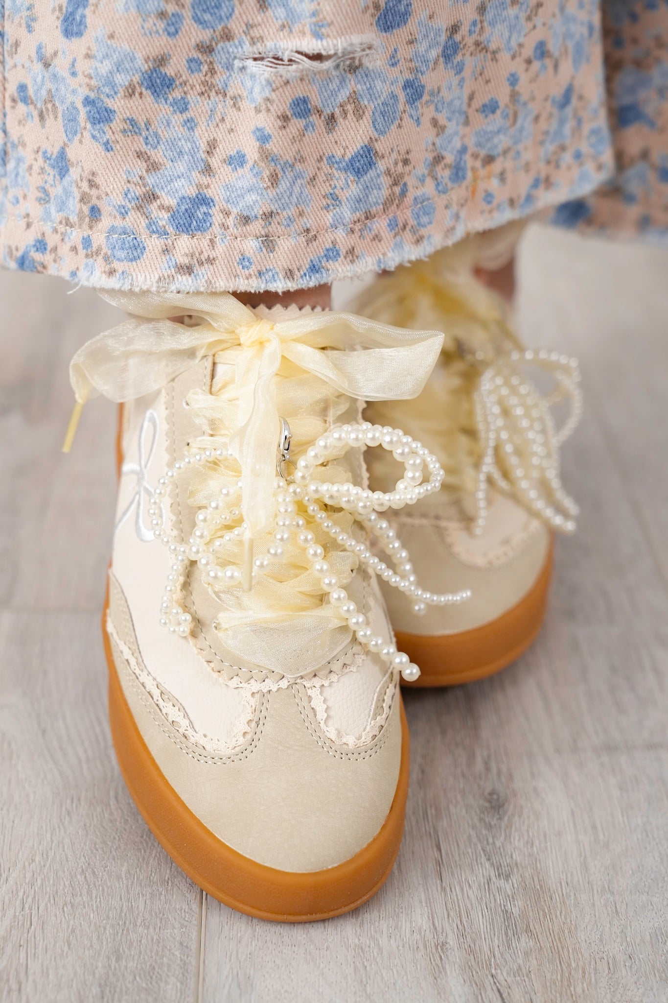 Pearl and Bow Detailing Sneakers with Lace Accents