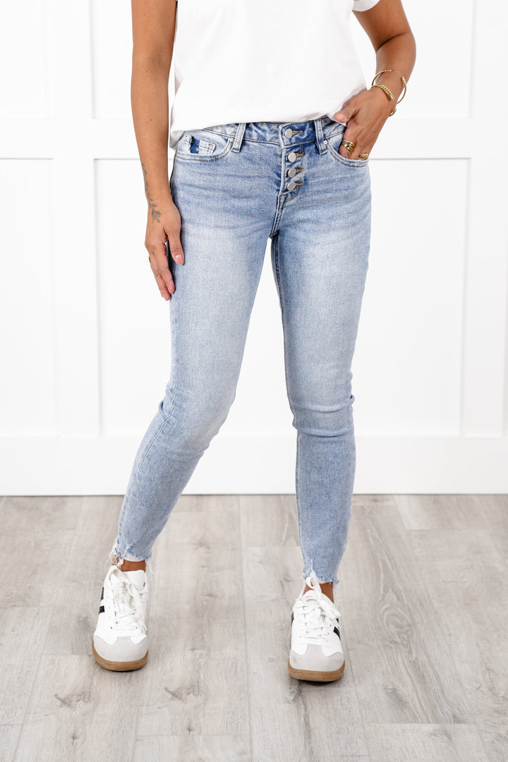 Mica Mid Rise Light Wash Button Fly Cropped Skinny Jeans