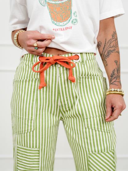 Stripe High Waist Barrel Pants with Patch Work