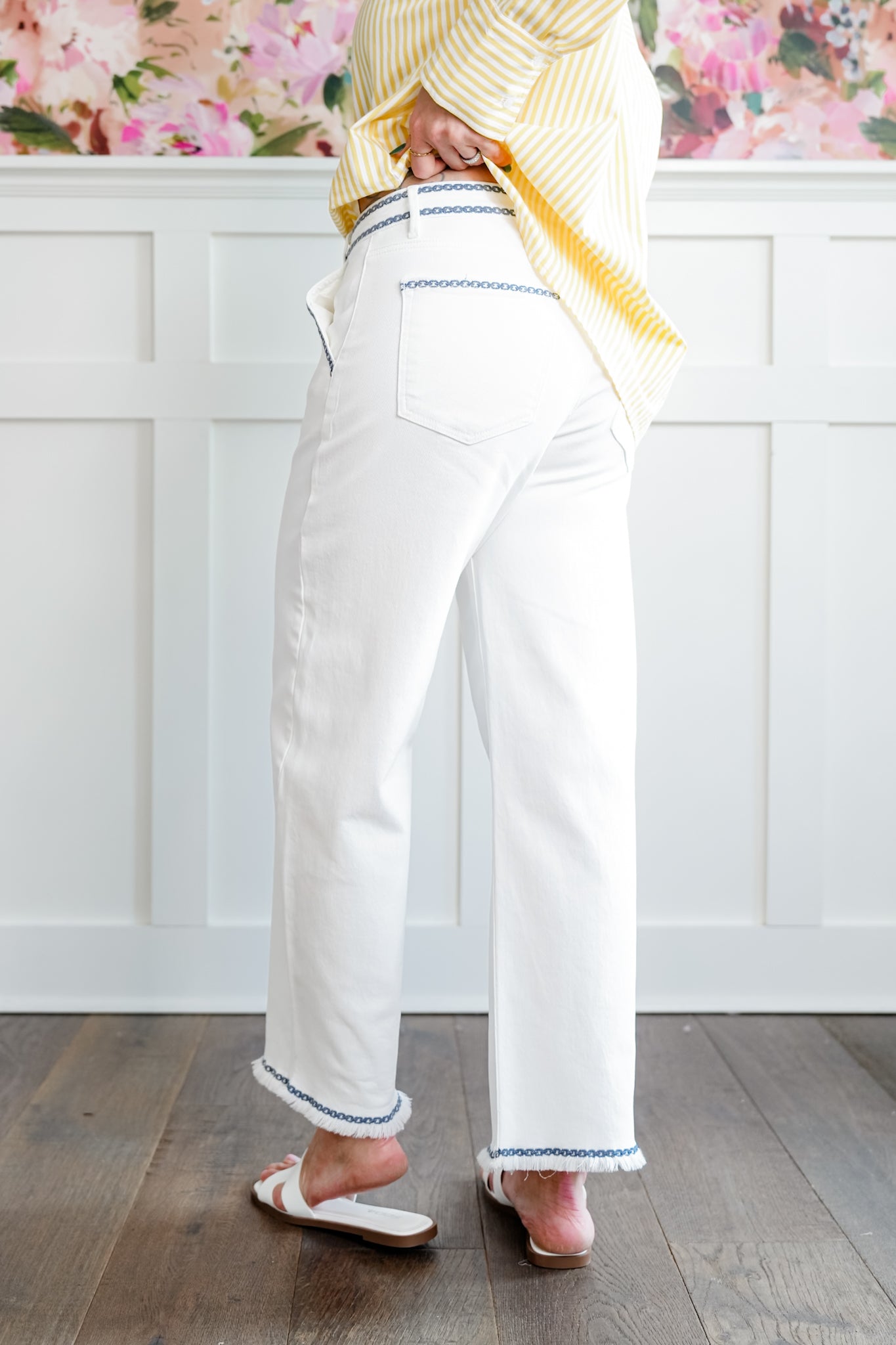 Risen High Rise Cream Tummy Control Embroidered Barrel Jeans