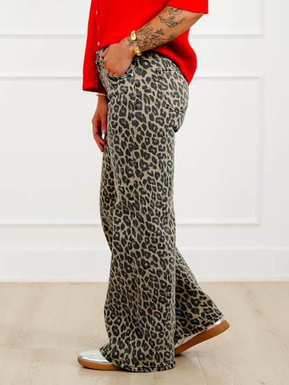 Restock! Risen Mid Rise Leopard Wide Leg Jeans
