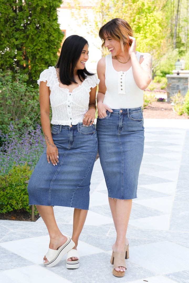 Judy Blue High Rise Medium Wash Mid Length Skirt