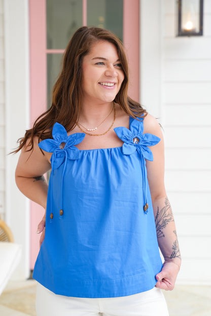 Plus/Reg Poplin Sleeveless Top with 3D Flower Strap Detail