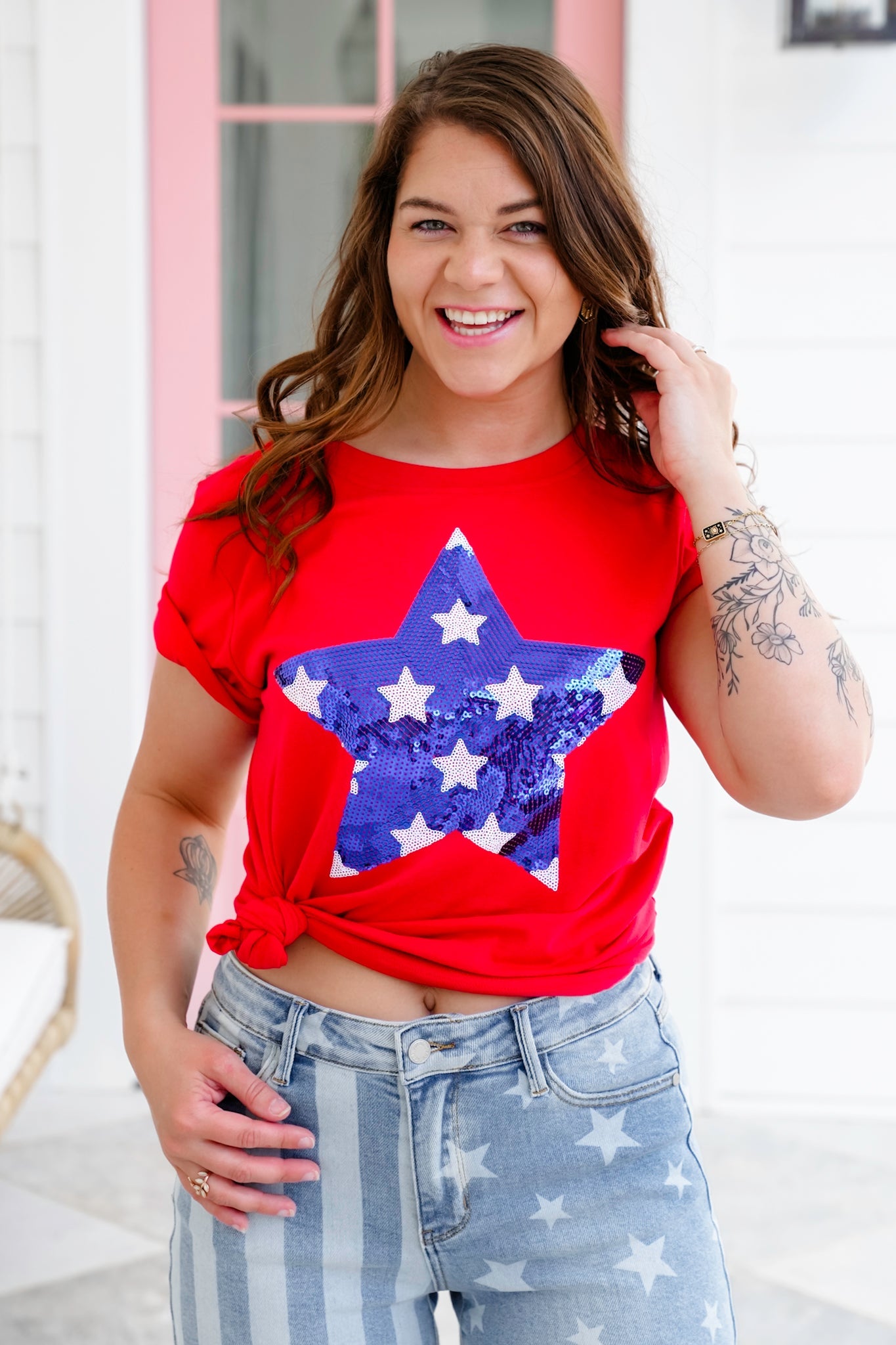 Plus/Reg Red Short Sleeve Top with Sequin Star Detail