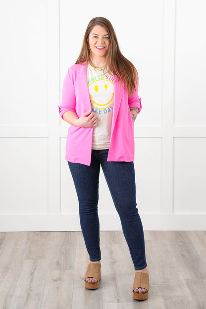 Door Buster! Plus/Reg Solid Button Tab Sleeve Open Blazer