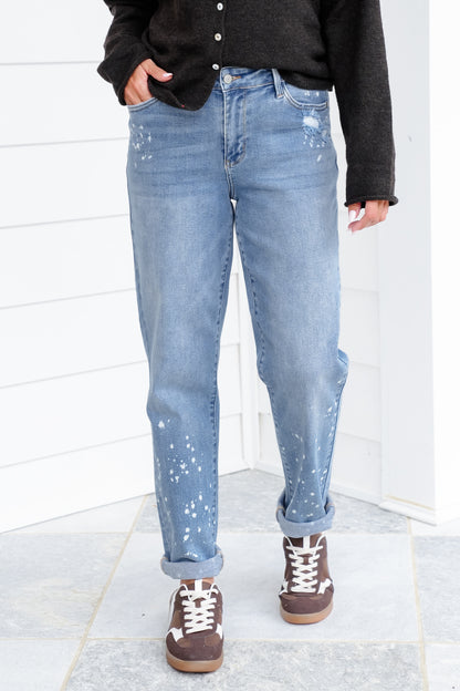 Judy Blue Mid Rise Medium Wash Distressed Bleach Splatter Cuffed Boyfriend Jeans