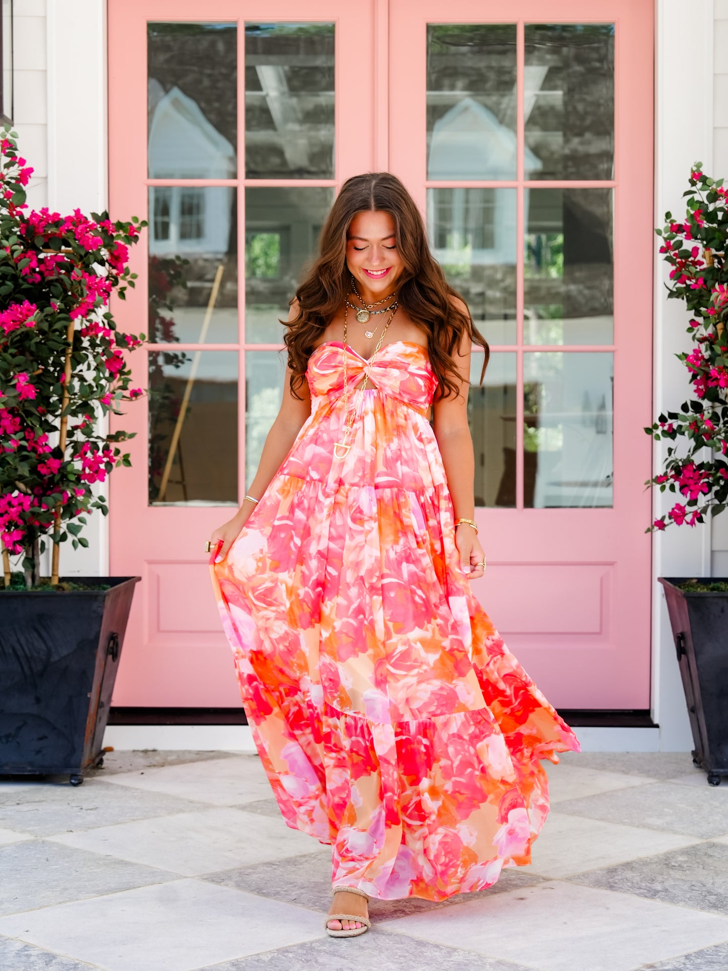 Floral Strapless Twisted Ruched Bust Maxi Dress