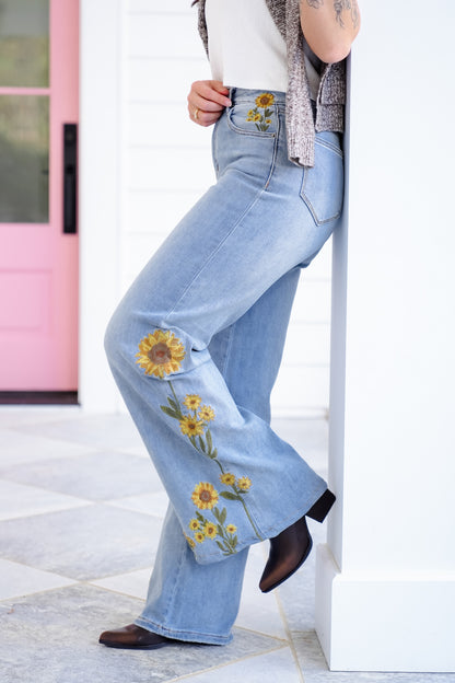 Light Wash Embroidered Sunflower Denim Jeans