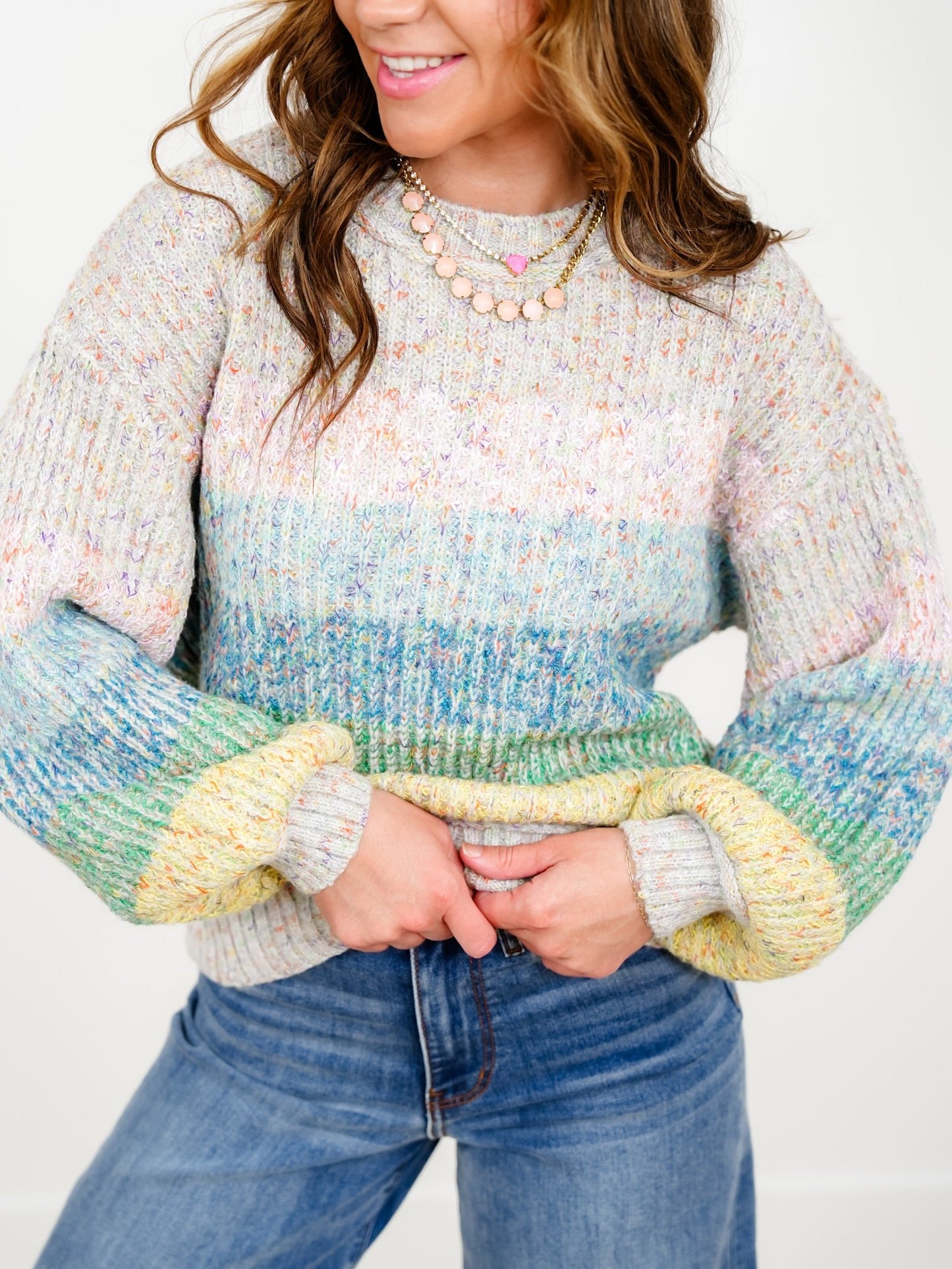 POL Rainbow Stripe Long Sleeve Pullover Sweater