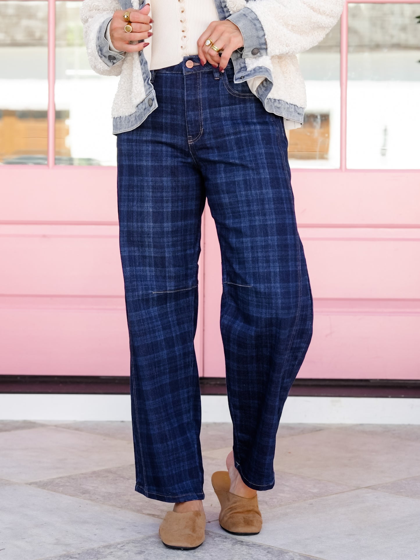 Risen High Rise Dark Plaid Slouchy Cuffed Barrel Jeans