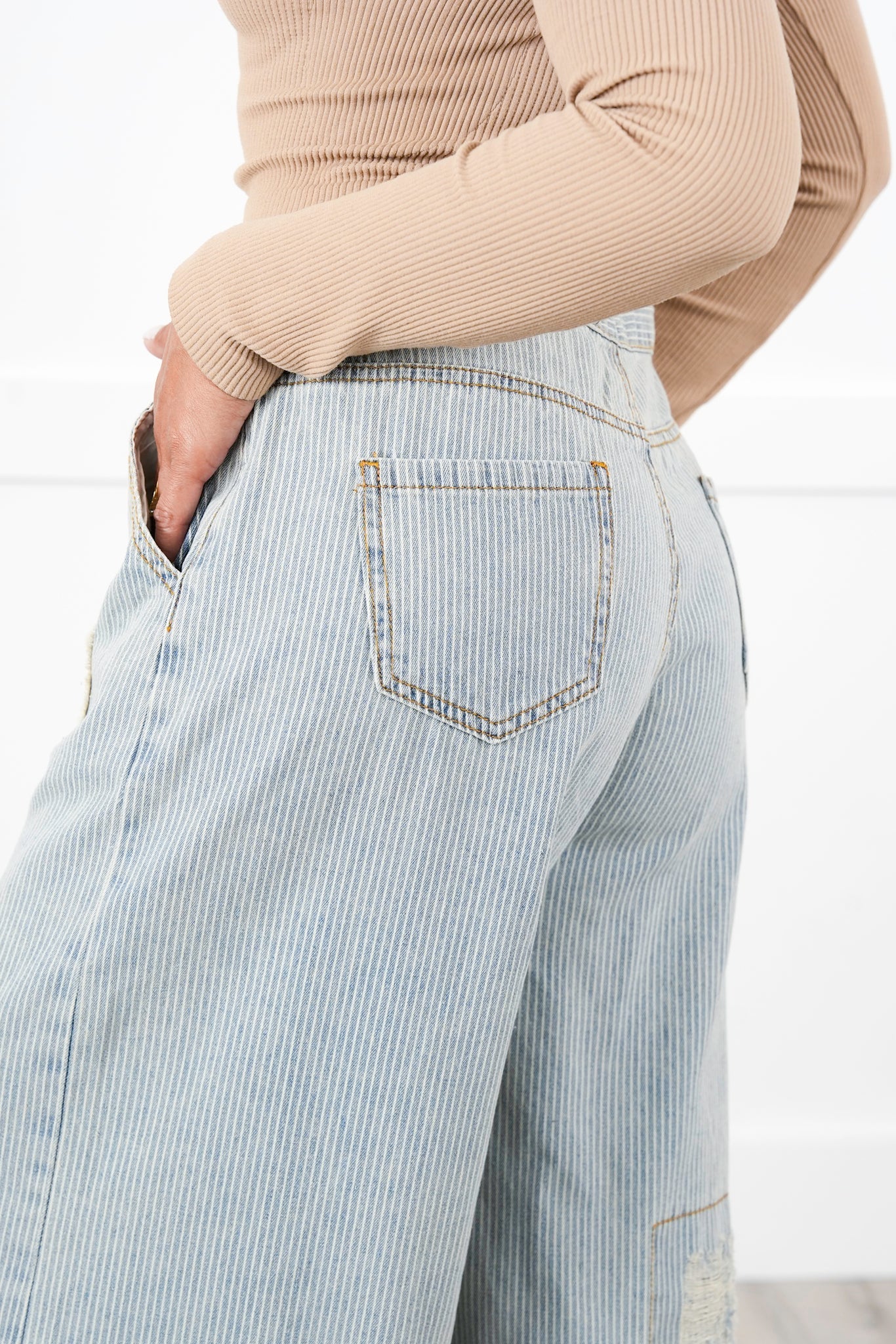 POL Denim Striped Wide Leg Pants With Distressing Detail