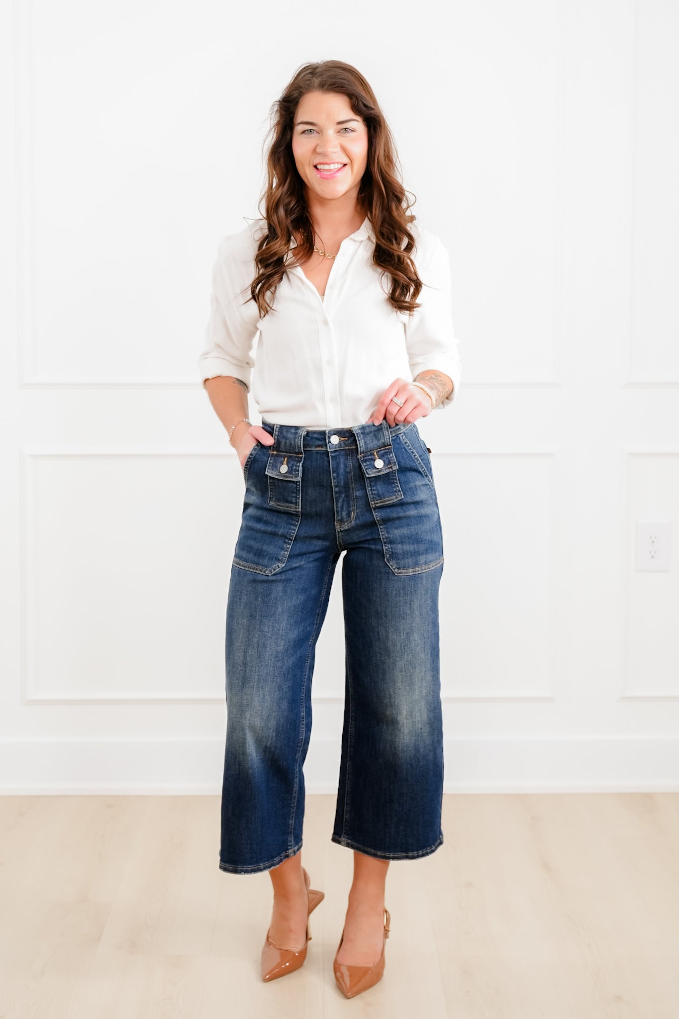 Judy Blue High Rise Dark Crop Wide Leg Jeans with Utility and Patch Pockets