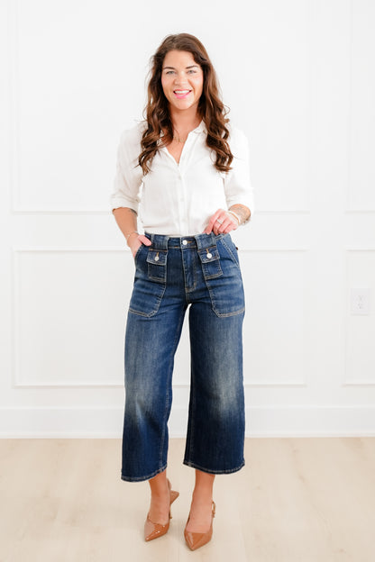 Judy Blue High Rise Dark Crop Wide Leg Jeans with Utility and Patch Pockets