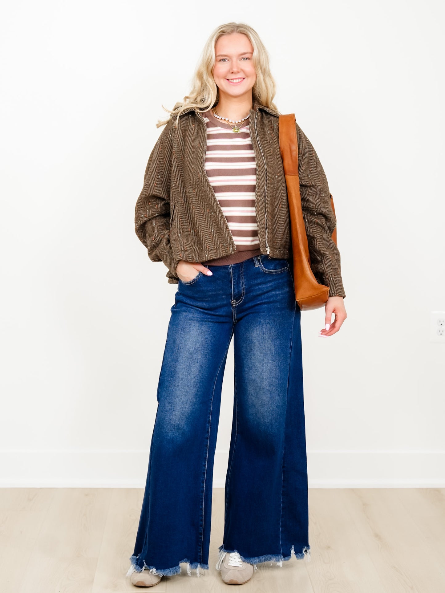 Plus/Reg Herringbone Tweed Zip Up Bomber Jacket
