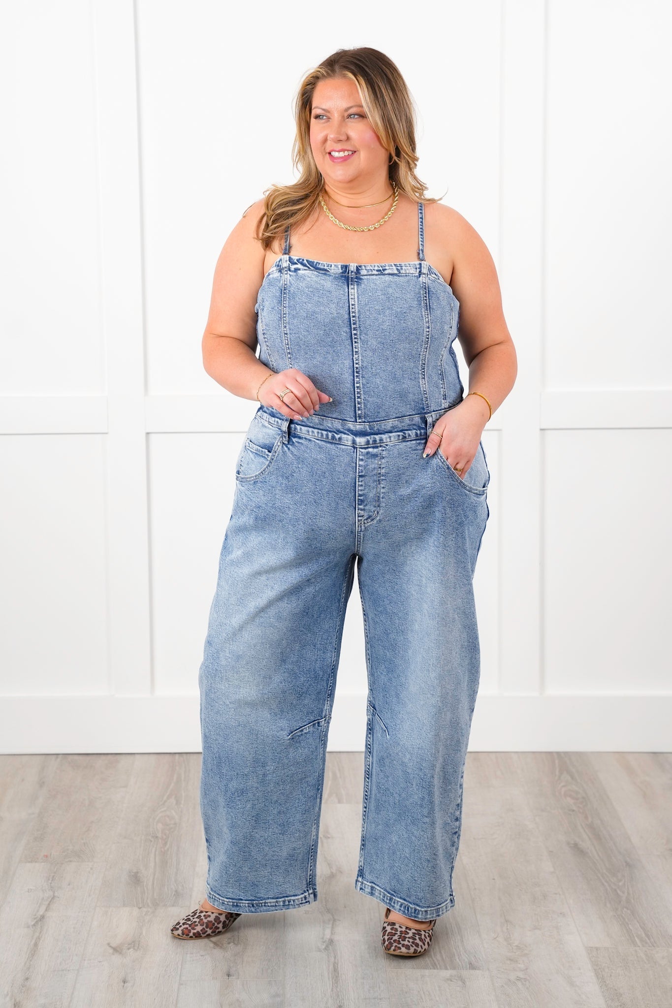 Mineral Wash Denim Sleeveless Overalls with Smocking Detail