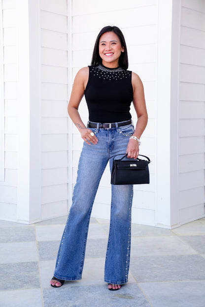 Plus/Reg Black Sleeveless Knit Top with Rhinestone Detail