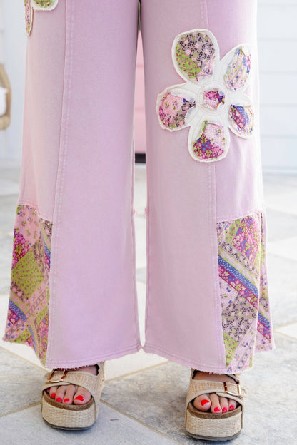 Mineral Washed Elastic Waistband Pants with Floral Patch Detail