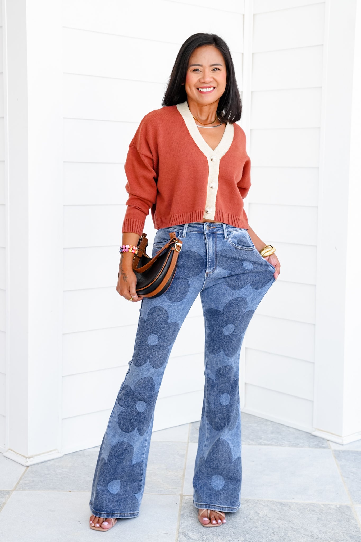 Medium Wash Retro Flower Print Boot Cut Jeans