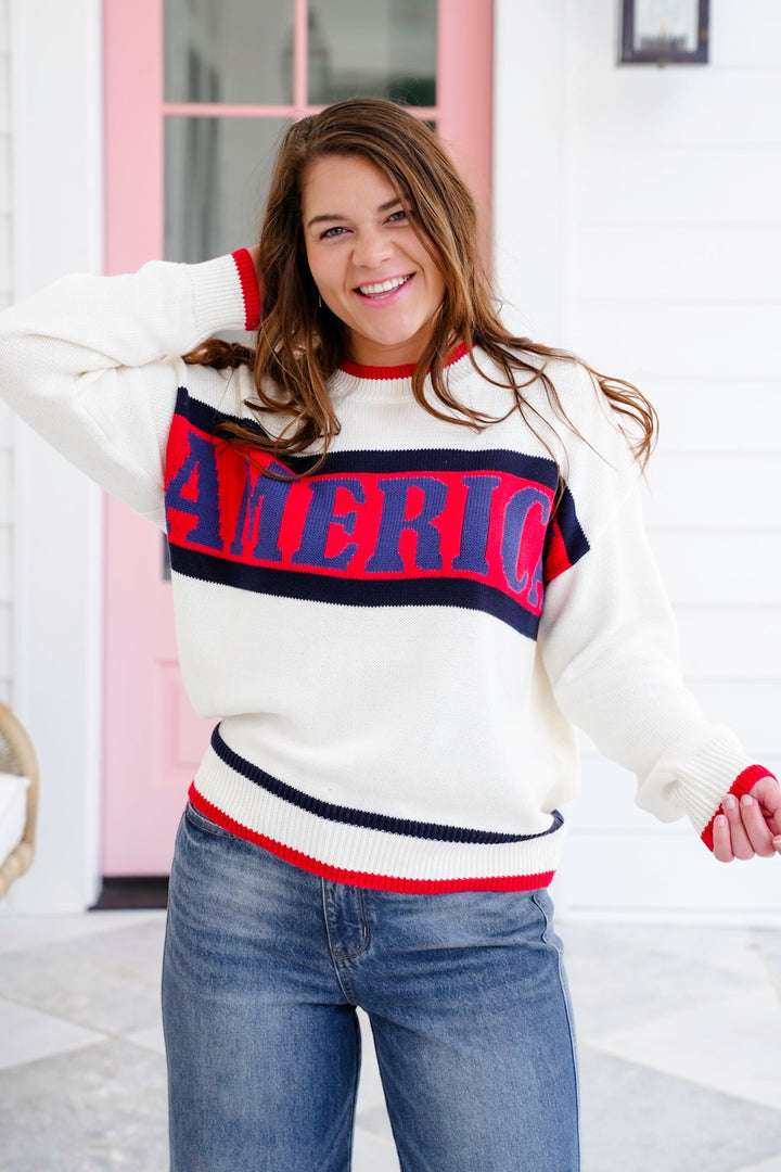 Long Sleeve Crew Neck "America" Knit Sweater