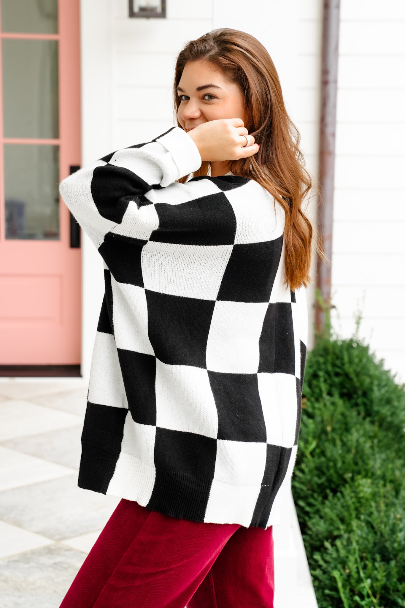 Long Sleeve Button Down Cardigan with Checker Print