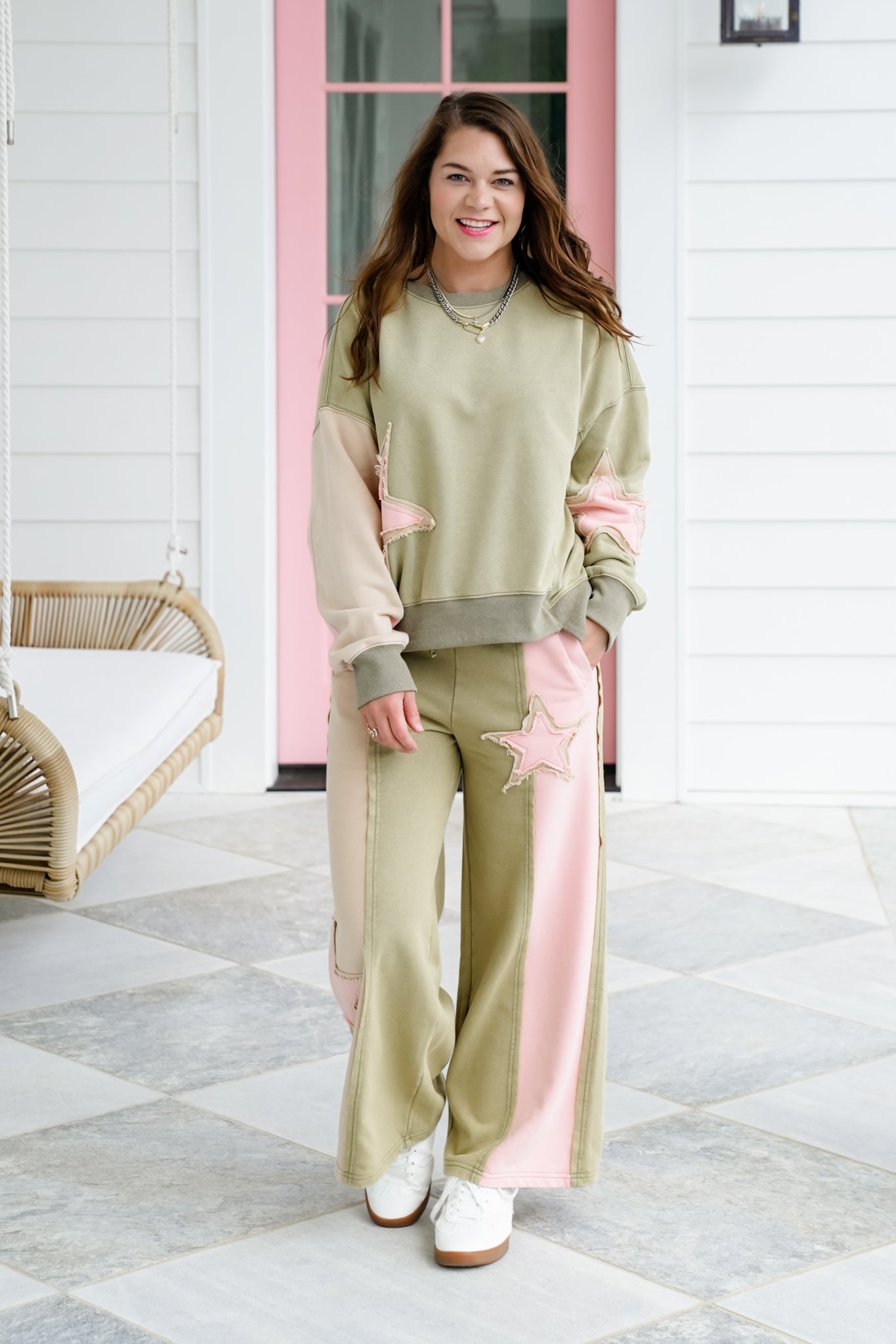 Mineral Wash Color Block Long Sleeve Pullover Top with Star Patch Detail