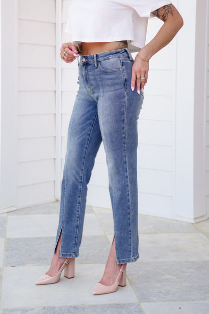 Judy Blue High Rise Medium Vintage Wash Straight Leg Jeans with Front Seam and Slit