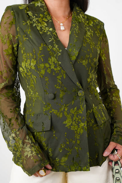 Olive Floral Mesh Velvet Long Sleeve Double Breasted Blazer