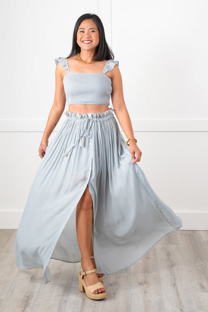 Sleeveless Smocked Crop Top with Flowy Elastic Waistband Maxi Skirt Set