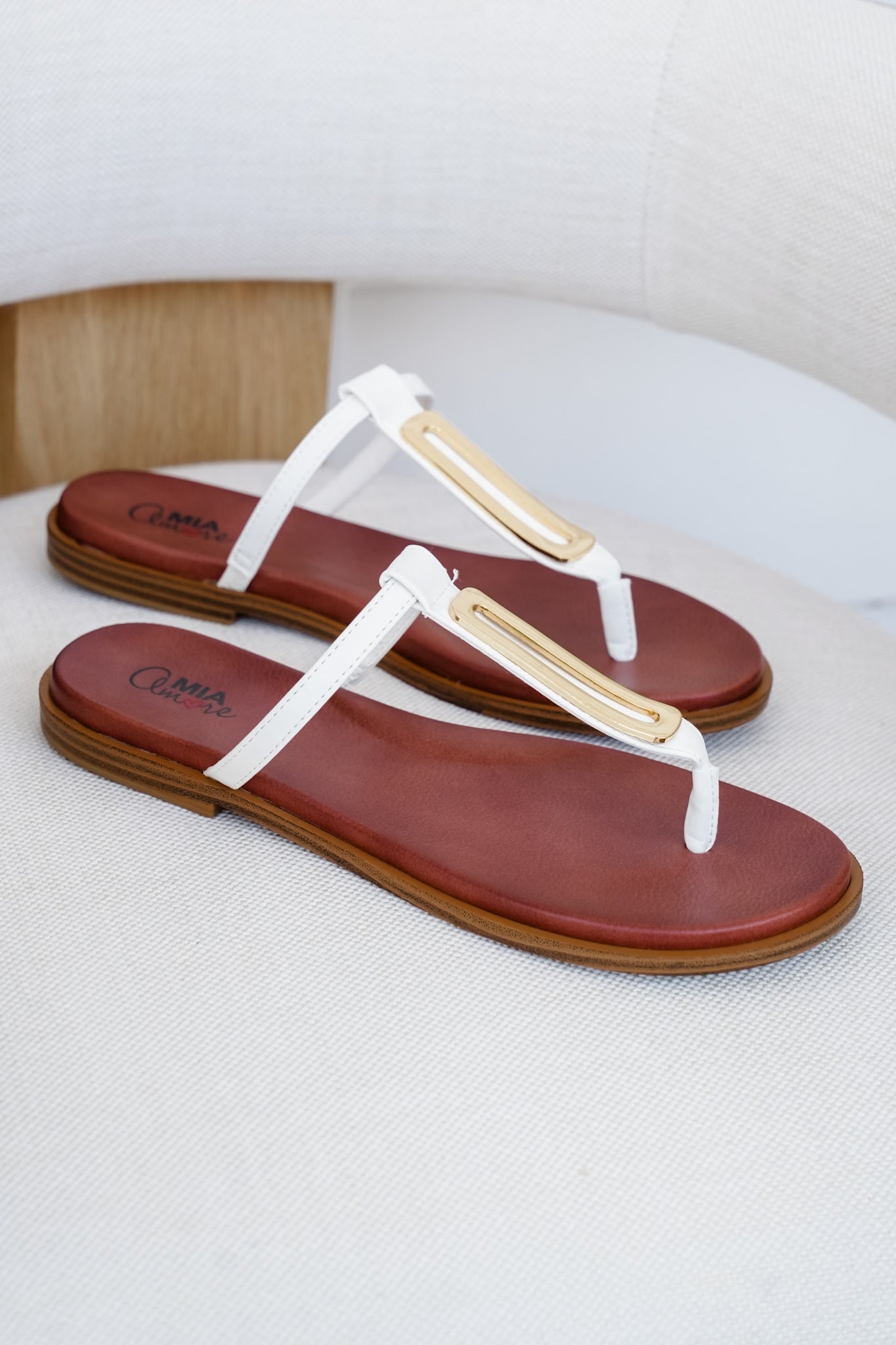 MIA T-Strap Flat Sandals with Gold Accent