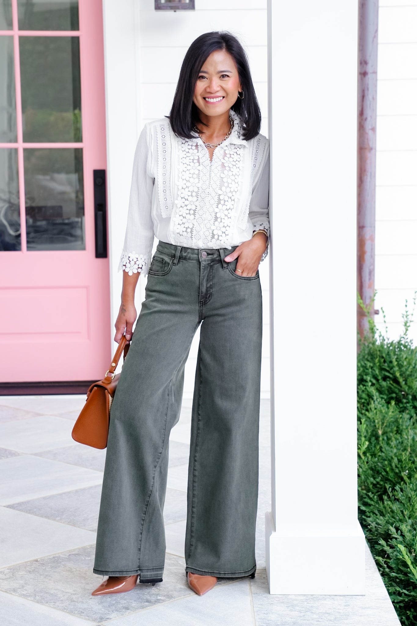 Mica High Rise Green Vintage Wash Wide Leg Jeans