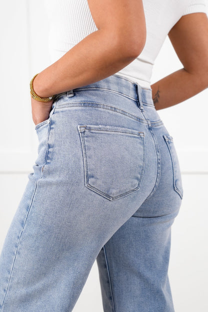 Risen High Rise Light Wash Tummy Control Elastic Waistband Cropped Wide Leg Jeans