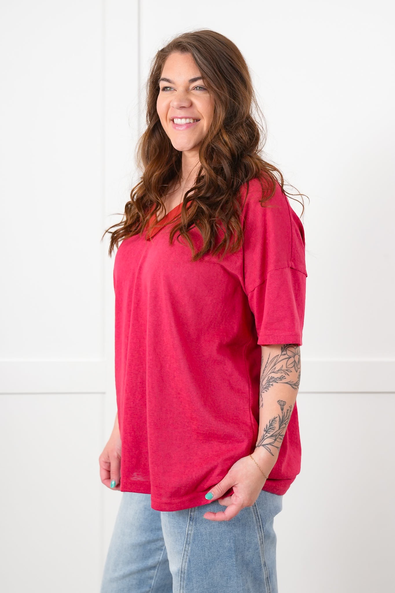 POL Stone Wash Short Sleeve V-Neck Top
