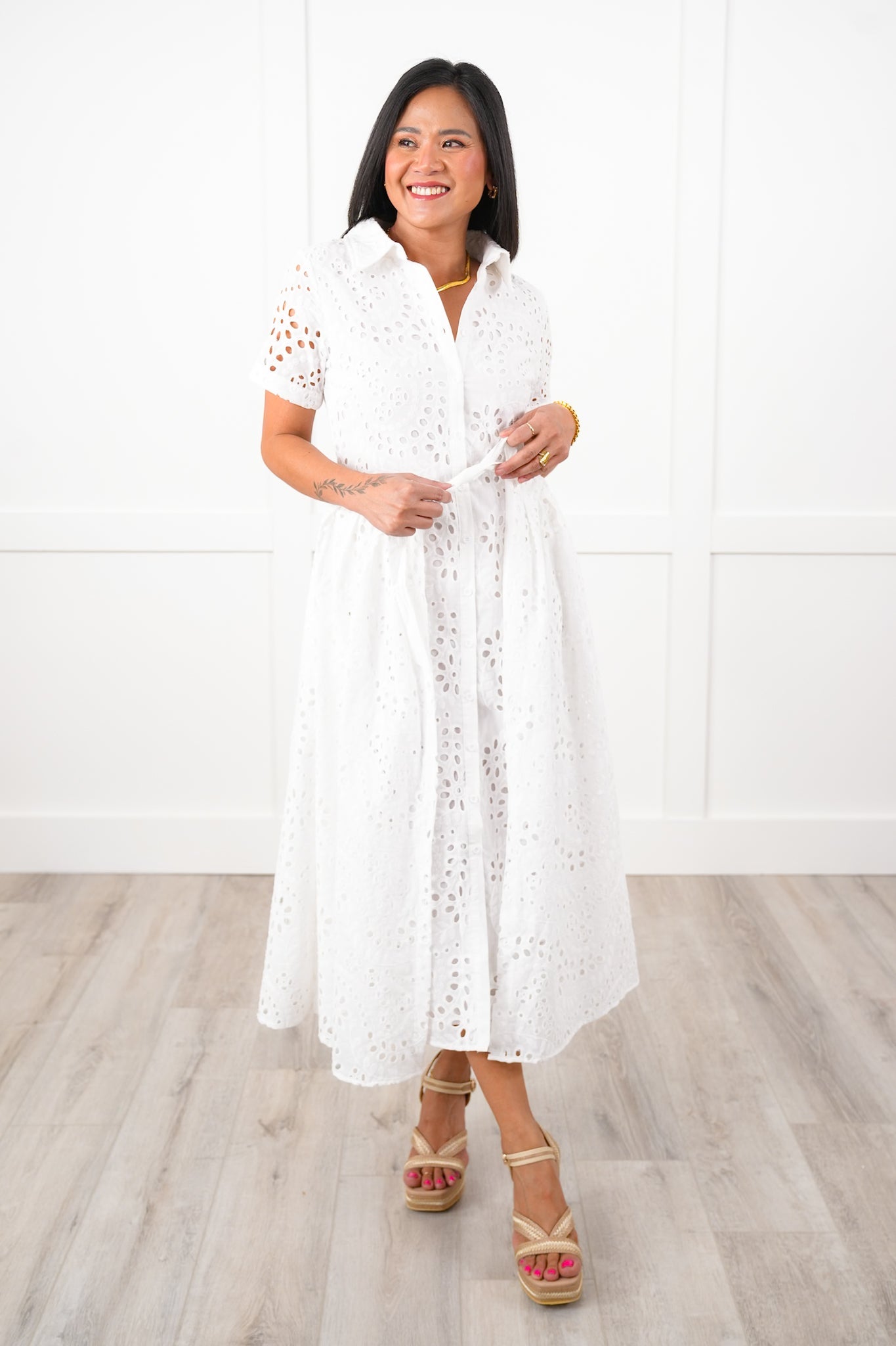 White Eyelet Short Sleeve Button Down Midi Dress with Belt Detail