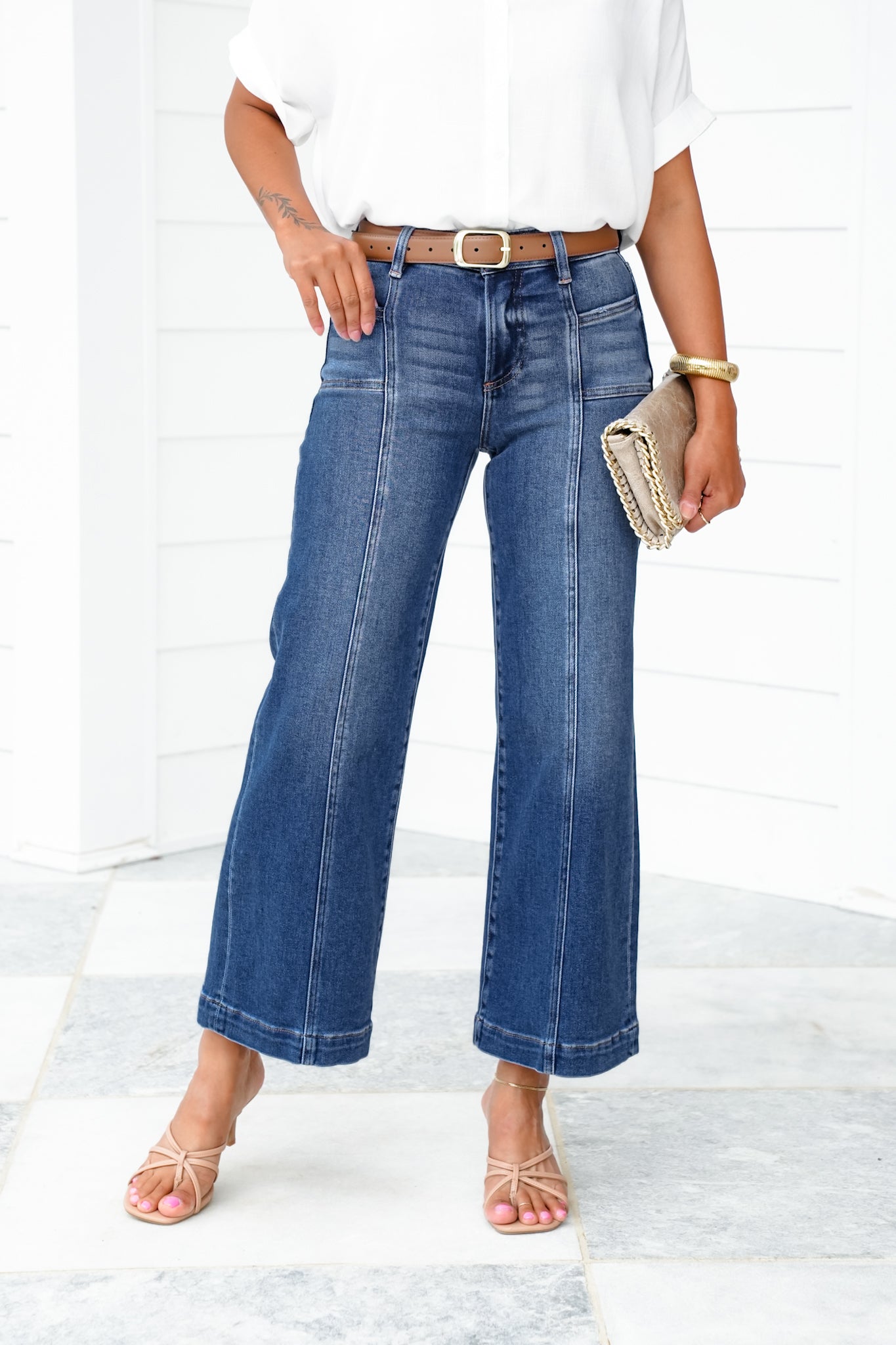 Risen Mid Rise Dark Wash Cropped Wide Leg Jeans with Front Patch Pockets