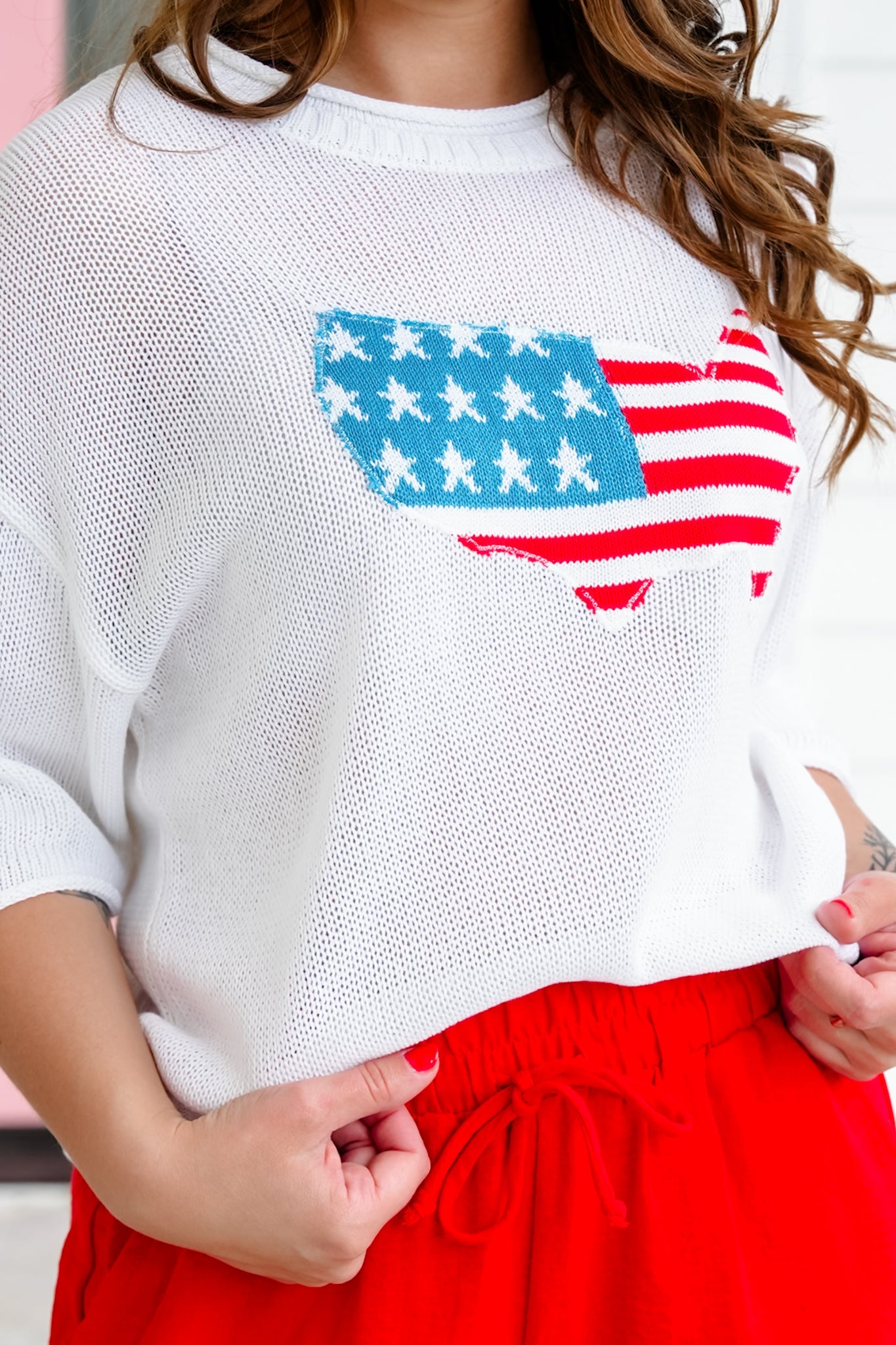 White Knit Short Sleeve American Flag Sweater
