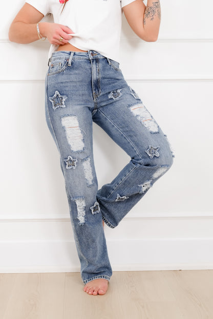 Saige High Rise Medium Wash Distressed Dad Jeans with Star Patches