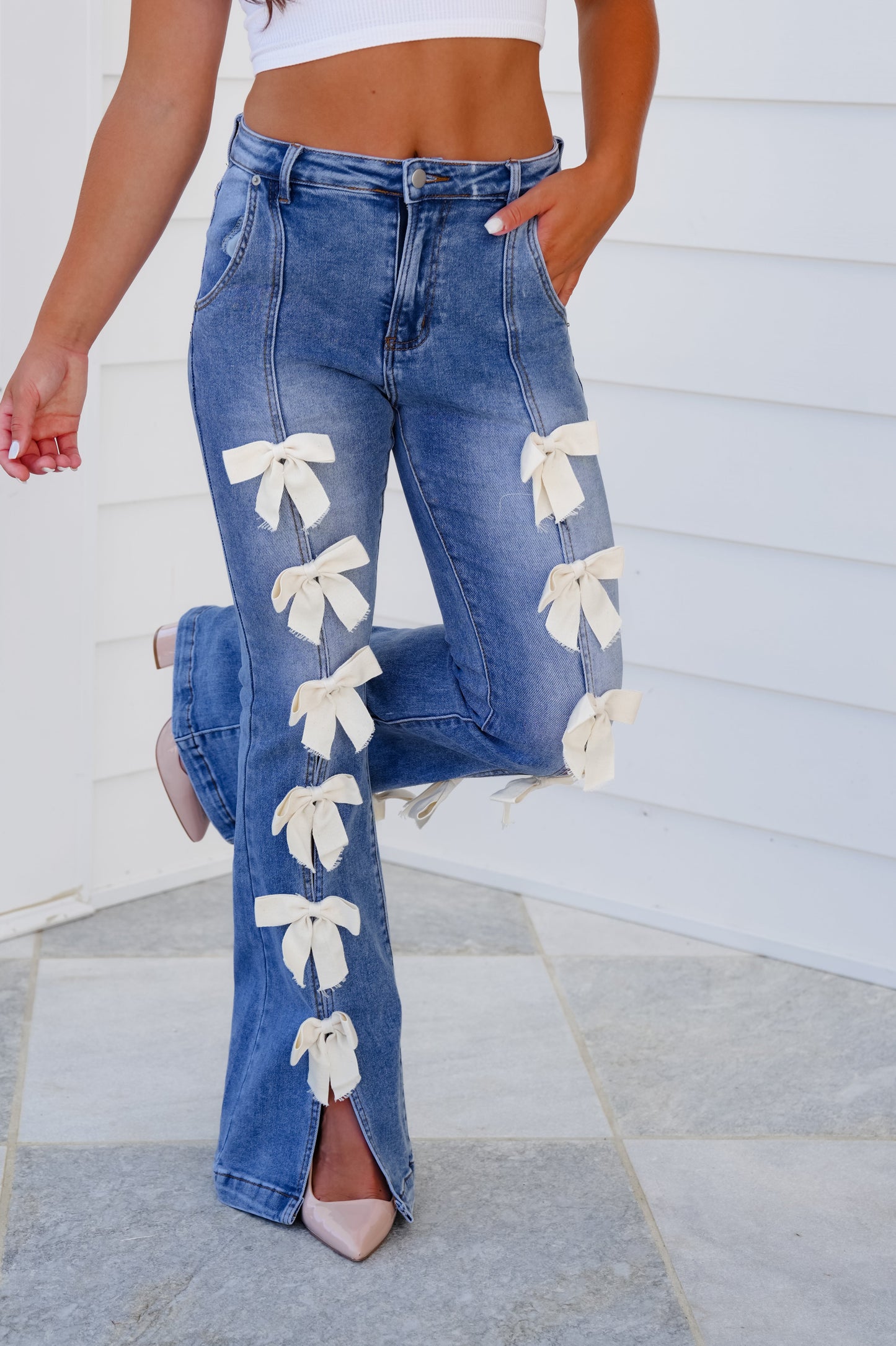 Restock! Denim High Waist Flare Leg Jeans with Bow Detail