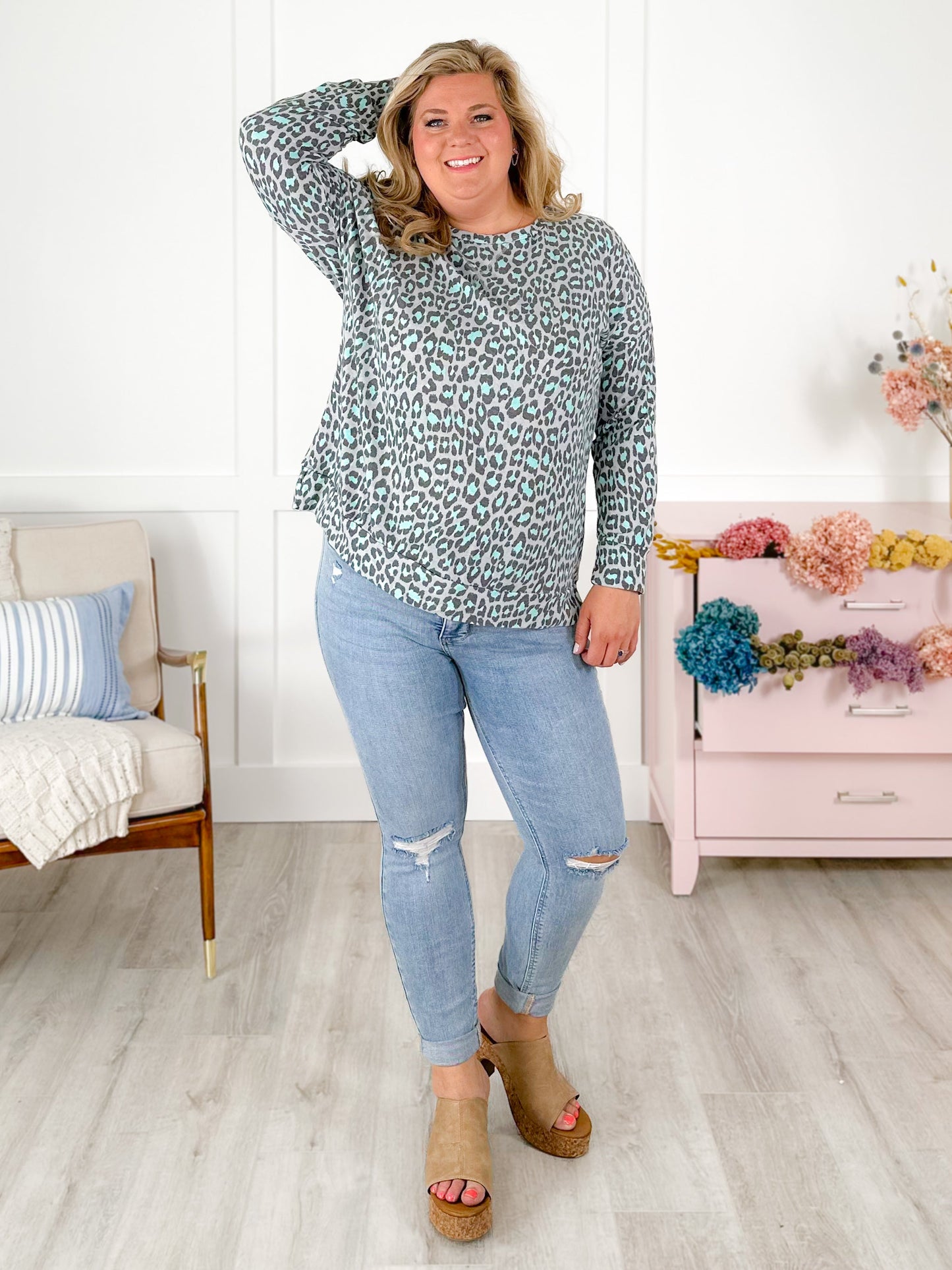 Plus/Reg Grey And Mint Leopard Long Sleeve Pullover Top