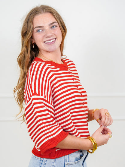 Red Stripe 3/4 Sleeve Button Down Cardigan