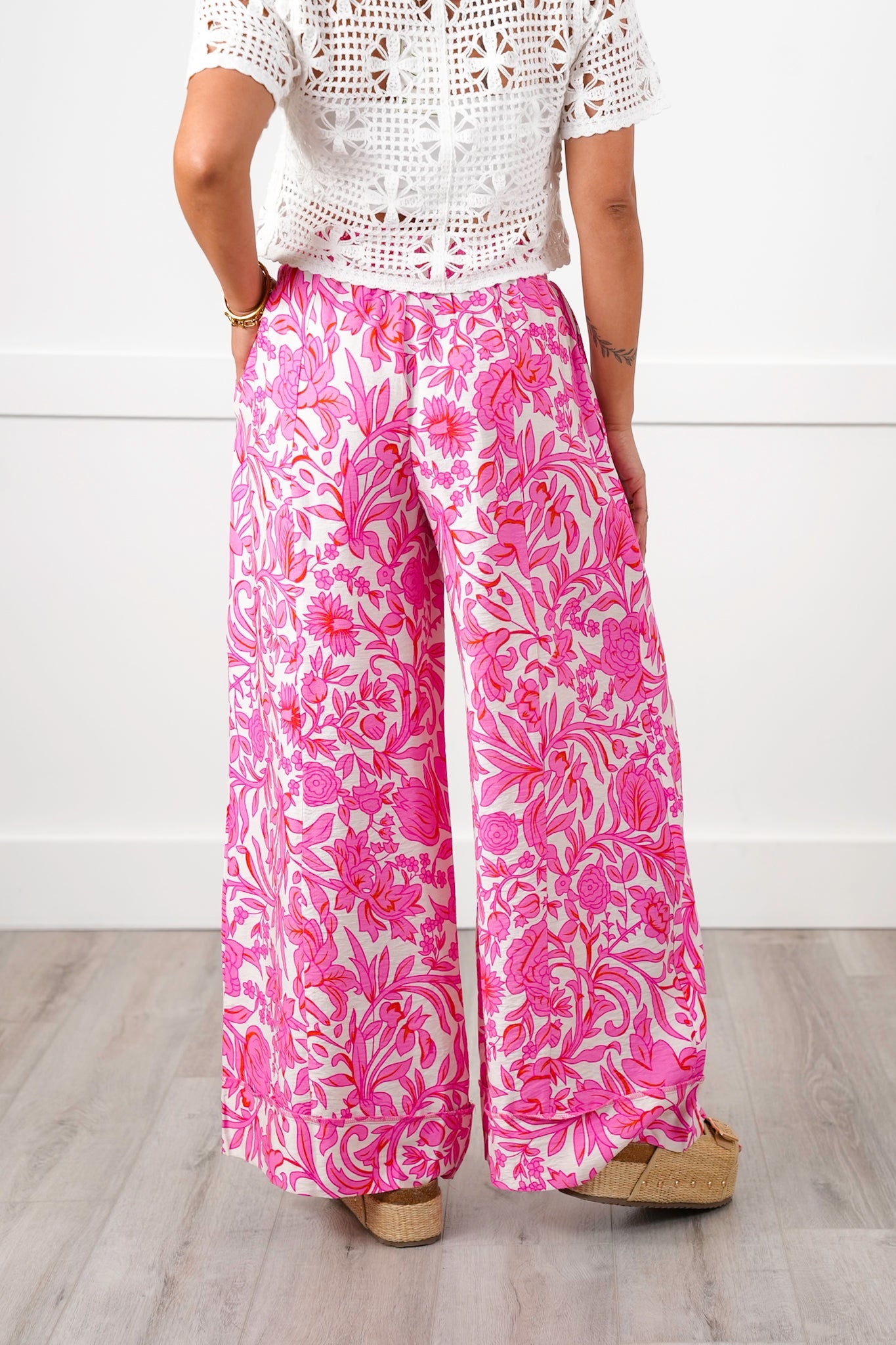 Floral Print Elastic Waist Wide Leg Pants with Side Pockets